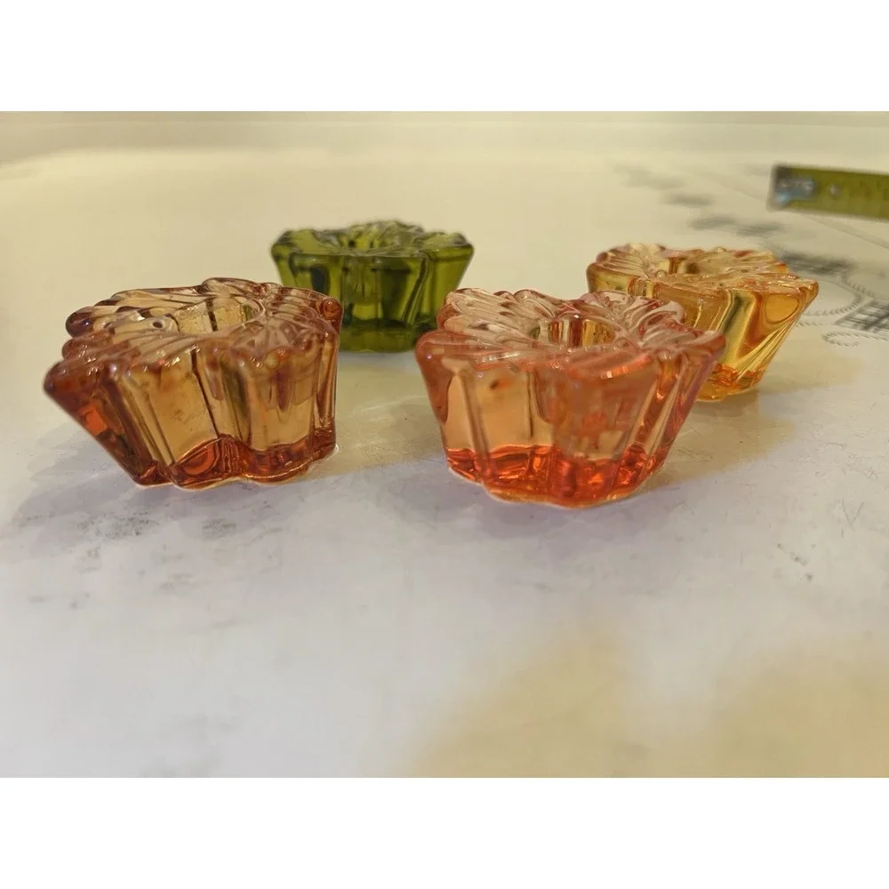 Williams Sonoma CANDLE HOLDER GLASS FALL LEAVES Tiny Taper AUTUMN Set Of 4